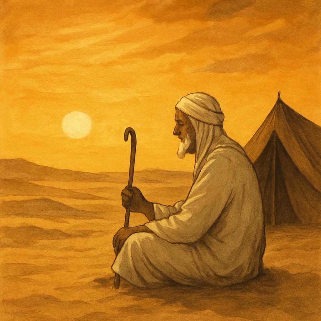 "صحرا میں ایک بزرگ عرب شخصیت سفید سادہ کپڑوں میں، ہاتھ میں عصا لیے، چھوٹے سے خیمے کے پاس بیٹھے ہیں، پس منظر میں سنہری غروبِ آفتاب ہے، منظر زہد، سادگی اور ایمان کی علامت ہے۔"
