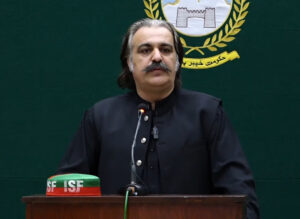 "Ali Amin Gandapur, Chief Minister of Khyber Pakhtunkhwa, official portrait showing his mustaches and beard, wearing a suit, looking confident."