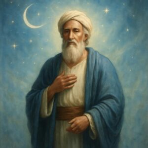 "حضرت ابراہیم علیہ السلام کی روحانی اور خیالی تصویر، جس میں وہ پر سکون چہرے کے ساتھ قدیم مشرق وسطیٰ کے روایتی لباس میں دکھائے گئے ہیں۔ پس منظر میں نرم آسمانی روشنی، ستارے اور چاند کی ہلکی چمک، جو توحید اور اللہ کی رہنمائی کی علامت ہیں۔"