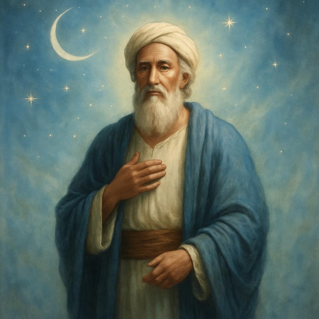 "حضرت ابراہیم علیہ السلام کی روحانی اور خیالی تصویر، جس میں وہ پر سکون چہرے کے ساتھ قدیم مشرق وسطیٰ کے روایتی لباس میں دکھائے گئے ہیں۔ پس منظر میں نرم آسمانی روشنی، ستارے اور چاند کی ہلکی چمک، جو توحید اور اللہ کی رہنمائی کی علامت ہیں۔"