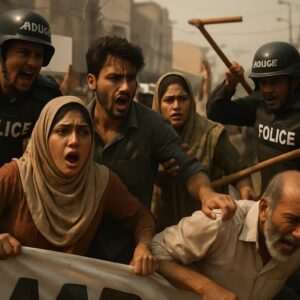 "پاکستانی پولیس عام شہریوں پر طاقت کا استعمال کرتے ہوئے، احتجاجی منظر، عوام میں خوف اور غصہ، شہری پس منظر"