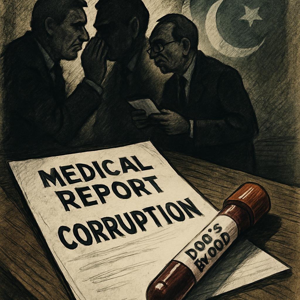 "پاکستانی سیاسی کرپشن کی عکاسی — علامتی منظر جس میں کتے کے خون کا نمونہ جعلی میڈیکل رپورٹ بنانے کے لیے استعمال ہوتا دکھایا گیا ہے تاکہ سیاسی فرار ممکن ہو۔"