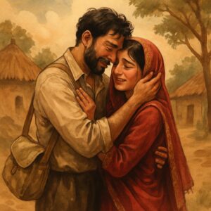 "1940 کی دہائی کے ایک جنوبی ایشیائی گاؤں میں ایک جوڑے کی جذباتی ملاقات، جو جدائی اور مشکلات پر قابو پانے والی محبت کی علامت ہے۔"