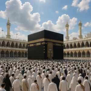 "مکہ مکرمہ میں خانۂ کعبہ، جس کے گرد ہزاروں مسلمان طواف کر رہے ہیں، جو مسلمانوں کی وحدت اور روحانیت کی علام