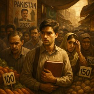 "پاکستان کے عوام کی مشکلات کی عکاسی کرتی تصویر، مہنگائی سے پریشان چہرے، پس منظر میں سیاسی پوسٹرز، اور ایک طالب علم ہاتھ میں کتاب لیے، حقیقت کے قریب منظر۔"