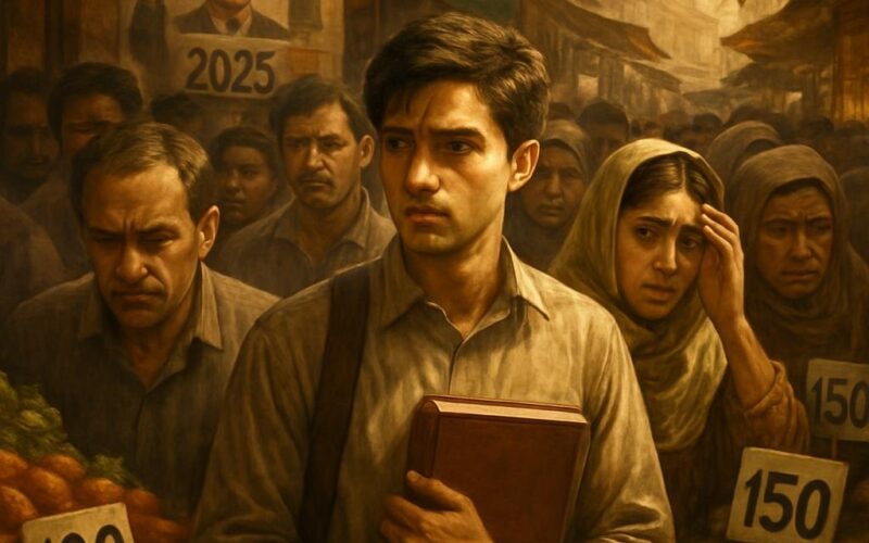 "پاکستان کے عوام کی مشکلات کی عکاسی کرتی تصویر، مہنگائی سے پریشان چہرے، پس منظر میں سیاسی پوسٹرز، اور ایک طالب علم ہاتھ میں کتاب لیے، حقیقت کے قریب منظر۔"