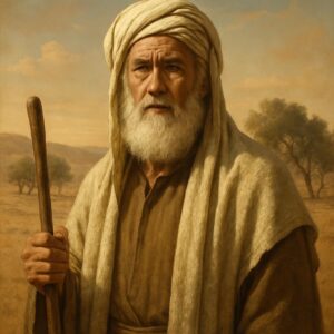 "حضرت یعقوبؑ کا باوقار اور احترام سے بھرپور خاکہ، روایتی مشرقِ وسطیٰ کا لباس، سفید داڑھی، ہاتھ میں لکڑی کا عصا، پس منظر میں صحرا، خیمہ اور زیتون کے درخت، سنہری روشنی میں حقیقت کے قریب منظر"