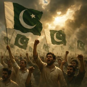 "پاکستان میں انقلاب کا منظر، عوام ہاتھوں میں پاکستانی جھنڈے تھامے آزادی کے نعروں کے ساتھ متحد، سبز اور سفید رنگوں کا غلبہ، پس منظر میں دھوئیں اور روشنی کا ڈرامائی امتزاج۔"