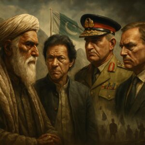 "بلوچستان کے پہاڑوں کے پس منظر میں ایک علامتی منظر، جس میں روایتی لباس پہنے ایک بزرگ بلوچ رہنما، ایک پُرعزم پاکستانی سیاسی رہنما، فوجی وردی میں پاکستانی فوج کا جنرل، اور سوٹ پہنے ایک مغربی رہنما دکھائے گئے ہیں۔ پاکستانی پرچم لہرا رہا ہے، اور پس منظر میں فوجیوں اور مظاہرین کے دھندلے سائے موجود ہیں، جو جدوجہد، قربانی اور خودمختاری کی علامت ہیں۔"
