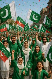 "یوم آزادی کے موقع پر پاکستانی عوام کا جوش و خروش، ہاتھوں میں پاکستان اور پی ٹی آئی کے جھنڈے، سبز و سفید لباس میں مرد، خواتین اور بچے، لاہور کی سڑکوں پر جشن مناتے ہوئے"