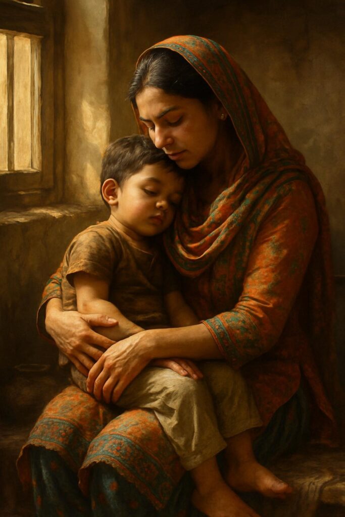 "ایک دیسی ماں اپنے بچے کو محبت سے گلے لگا رہی ہے"