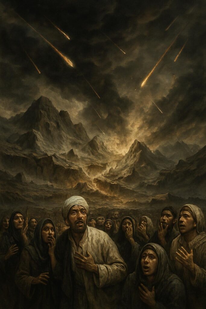 "قیامت کے دن زمین اور آسمان کے بدلتے ہوئے مناظر، لوگوں کے خوفزدہ تاثرات"