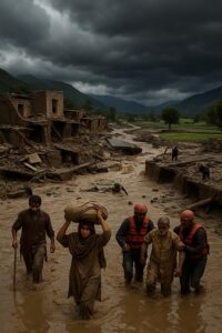 "خیبر پختونخوا پاکستان میں شدید بارش اور بادل پھٹنے کے بعد آنے والا سیلاب، ٹوٹے ہوئے مکانات، ڈوبی ہوئی زمینیں اور ریسکیو اہلکار متاثرین کو بچاتے ہوئے"