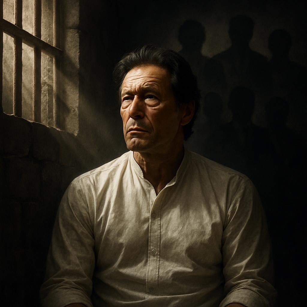 "عمران خان جیل کی سلاخوں کے پیچھے، چہرے پر عزم اور ہمت کی جھلک، روشنی کی کرن امید اور مزاحمت کی علامت، پس منظر میں کرپٹ سیاستدانوں کے سائے