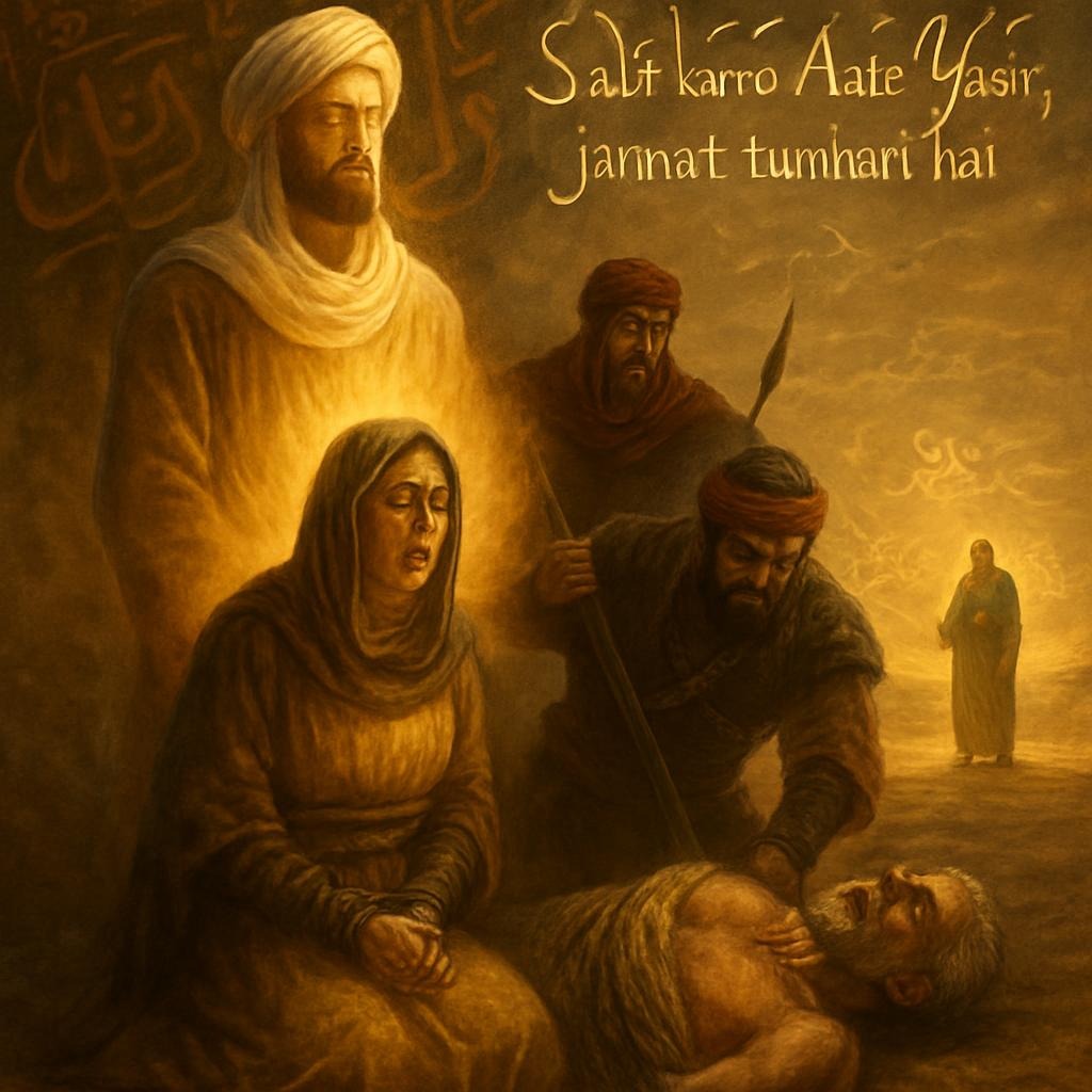 "حضرت عمار بن یاسرؓ اور ان کے والدین حضرت یاسرؓ اور حضرت سمیہؓ پر مکہ کے مشرکین کے ظلم و ستم کا منظر، ایمان کی روشنی اور صبر و استقامت کی علامت۔"