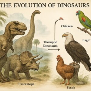 "تعلیمی تصویر جس میں قدیم ڈائناسور جیسے T-Rex، Triceratops اور Brachiosaurus دکھائے گئے ہیں، اور ساتھ میں موجودہ پرندے جیسے چڑیا، عقاب اور طوطے بطور وارث دکھائے گئے ہیں، جو یہ ظاہر کرتے ہیں کہ آج کے پرندے دراصل چھوٹے Theropod ڈائناسور کے جینیاتی وارث ہیں۔"