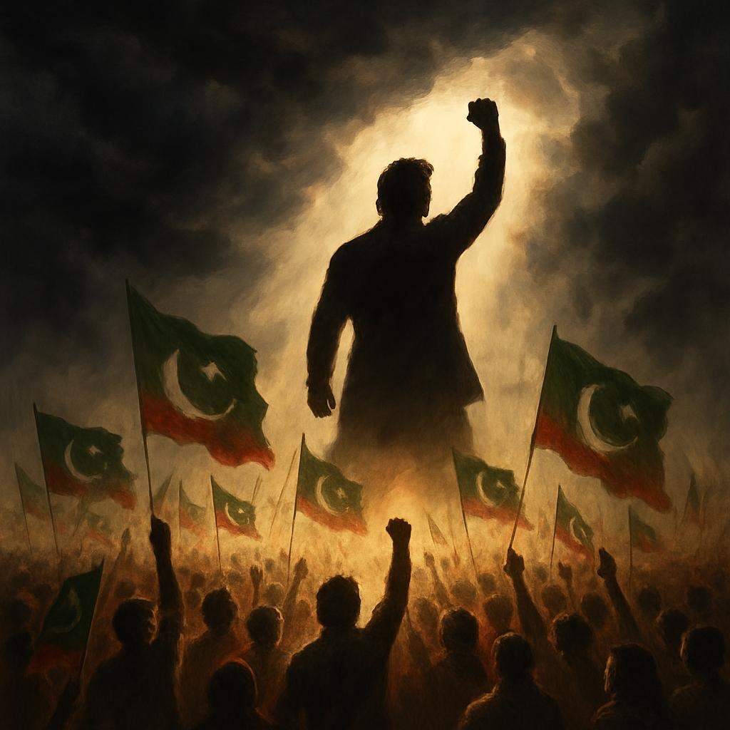 "پاکستانی عوام کا انقلابی اجتماع، عمران خان کے حق میں نعرے بلند کرتے ہوئے، ظلم کے اندھیروں میں امید کی کرن اور آزادی کی جدوجہد کو ظاہر کرتی تصویر۔"