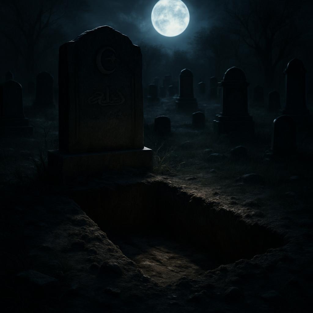 "اندھیرا قبرستان، کھلی قبر اور روحانی ماحول کی ایک علامتی تصویر جو قبر کی زندگی اور آخرت کی یاد دہانی کراتی ہے۔"