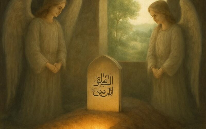 "قبر میں مومن کی راحت کا منظر، جہاں قبر نور اور سکون سے بھری ہے اور جنت کی کھڑکی کھلی دکھائی دے رہی ہے۔"