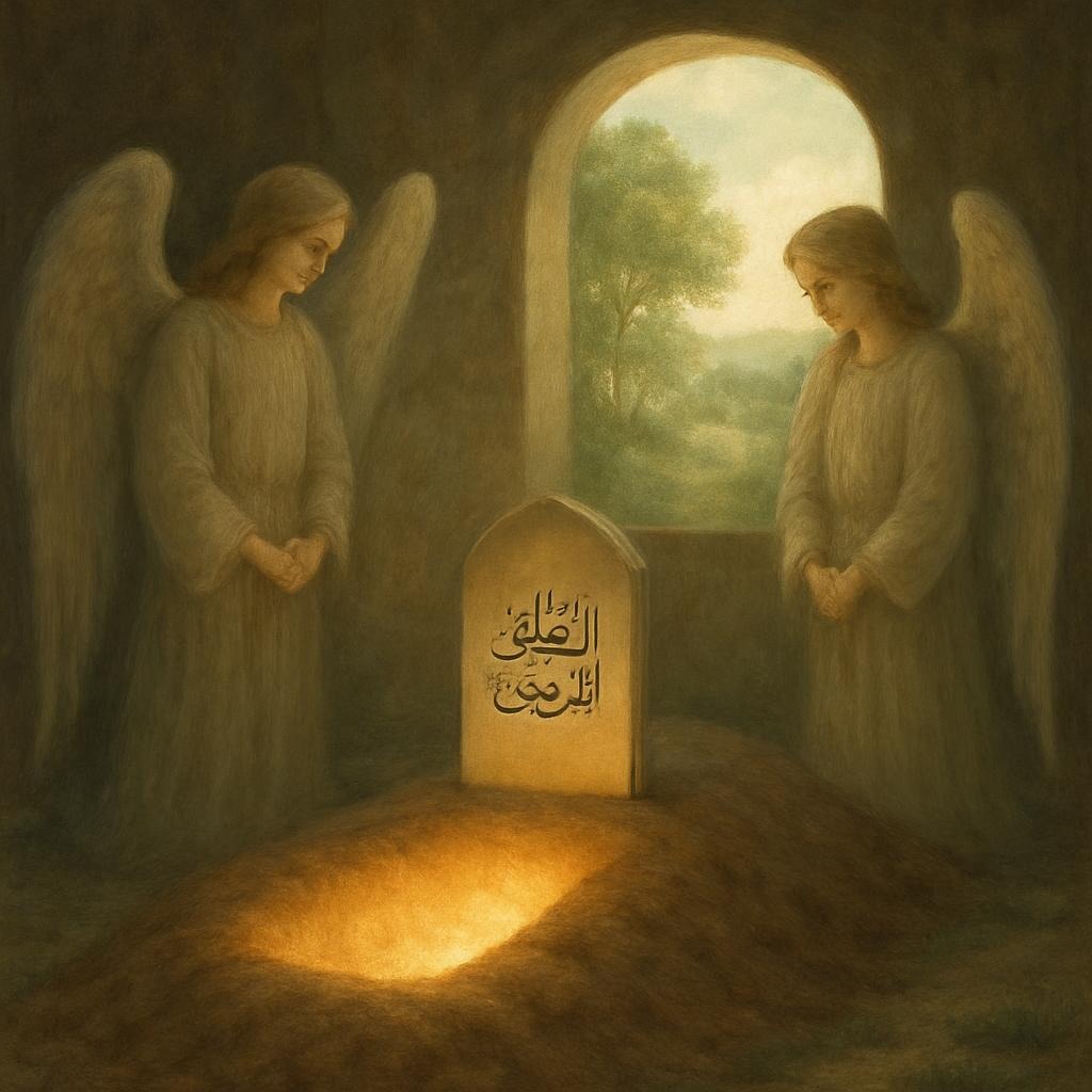 "قبر میں مومن کی راحت کا منظر، جہاں قبر نور اور سکون سے بھری ہے اور جنت کی کھڑکی کھلی دکھائی دے رہی ہے۔"