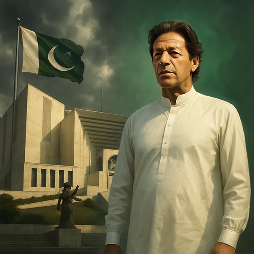 "سپریم کورٹ آف پاکستان اور عمران خان کی ضمانت کی خبر کو ظاہر کرتی ہوئی ایک علامتی تصویر، جس میں عدالت، پاکستانی پرچم اور انصاف کا تصور دکھایا گیا ہے۔"