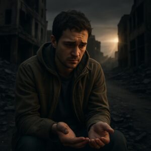 "بیروزگار نوجوان، اداسی اور مایوسی کے عالم میں، مگر دور روشنی کی کرن امید کی علامت کے طور پر۔"