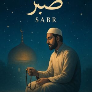 "ایک مسلمان شخص سکون سے تسبیح ہاتھ میں لیے دعا کر رہا ہے، پس منظر میں مسجد کا گنبد اور رات کا پرسکون آسمان ستاروں کے ساتھ۔ تصویر صبر اور سکون کی علامت ہے۔"