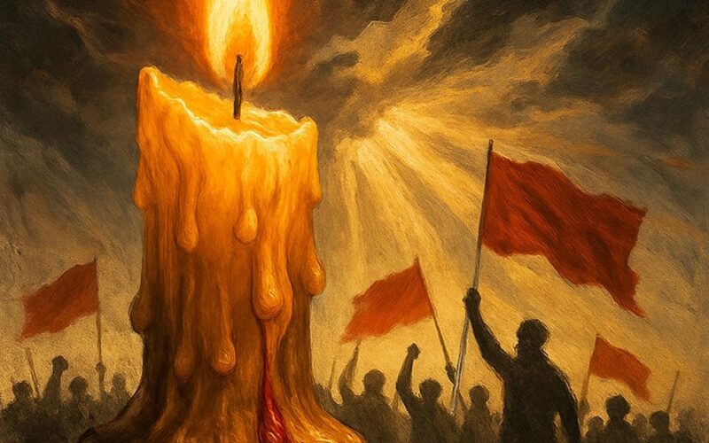 "انقلاب اور قربانی کی علامتی تصویر، جلتی ہوئی شمع سے خون کے قطرے گرتے ہوئے، پس منظر میں آزادی کے پرچم تھامے لوگ، اور اندھیرا آسمان روشنی میں بدلتا ہوا"