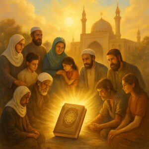 اسلام اور انسانیت کی حقیقت کو ظاہر کرتی تصویر، قرآنِ مجید کی روشنی، مختلف قوموں اور انسانوں کا اجتماع، پس منظر میں مسجد اور امن و محبت کا پیغام۔