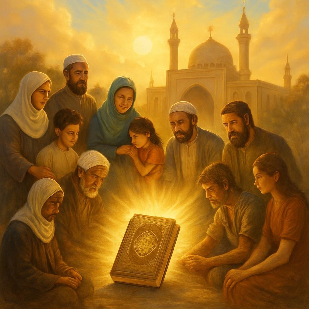 اسلام اور انسانیت کی حقیقت کو ظاہر کرتی تصویر، قرآنِ مجید کی روشنی، مختلف قوموں اور انسانوں کا اجتماع، پس منظر میں مسجد اور امن و محبت کا پیغام۔