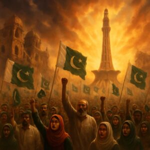 پاکستانی قوم کے انقلاب کی تصویر، عوام ہاتھوں میں سبز ہلالی پرچم تھامے، پس منظر میں بگڑتے محلات اور ابھرتا سورج، جو امید اور نئی صبح کی علامت ہے۔