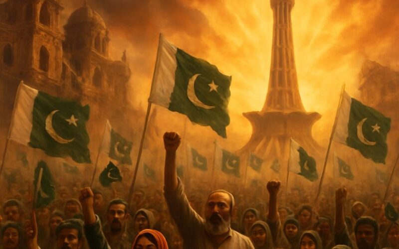 پاکستانی قوم کے انقلاب کی تصویر، عوام ہاتھوں میں سبز ہلالی پرچم تھامے، پس منظر میں بگڑتے محلات اور ابھرتا سورج، جو امید اور نئی صبح کی علامت ہے۔