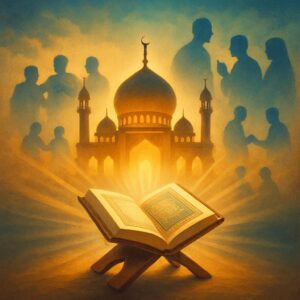 "قرآن و سنت کی روشنی میں نبی کریم ﷺ کی سیرت اور حقیقتِ اسلام کی نمائندگی کرتی ہوئی ایک خوبصورت اسلامی تصویر، جس میں مسجد، قرآن اور انسانیت کا پیغام جھلکتا ہے۔" Caption "اسلا