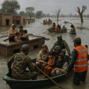 "پنجاب پاکستان میں سیلاب سے متاثرہ علاقے، ڈوبے ہوئے گاؤں، چھتوں پر پناہ لیے لوگ اور کشتیوں کے ذریعے بچائے جانے والے خاندان"