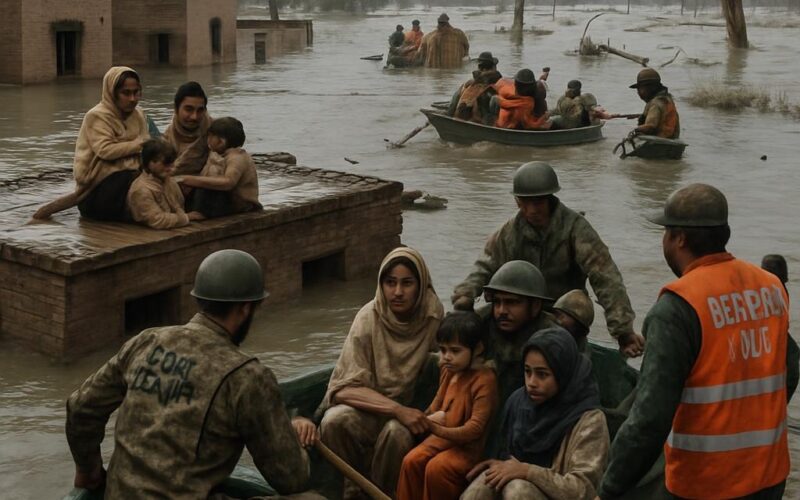 "پنجاب پاکستان میں سیلاب سے متاثرہ علاقے، ڈوبے ہوئے گاؤں، چھتوں پر پناہ لیے لوگ اور کشتیوں کے ذریعے بچائے جانے والے خاندان"