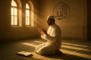 "ایک مسلمان مسجد میں سکون کے ساتھ نماز ادا کر رہا ہے، پاس قرآن رکھا ہے اور ماحول نورانی و پُرسکون ہے۔"