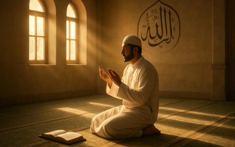 "ایک مسلمان مسجد میں سکون کے ساتھ نماز ادا کر رہا ہے، پاس قرآن رکھا ہے اور ماحول نورانی و پُرسکون ہے۔"