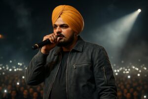 "سدھو موسے والا کا ایک شاندار پورٹریٹ جس میں وہ اپنے روایتی پنجابی لباس اور پگڑی میں دکھائی دے رہے ہیں، پس منظر میں پنجاب کے کھیت اور سورج غروب ہو رہا ہے، جو ان کی موسیقی اور وراثت کی علامت ہے۔"