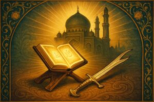 "قرآن مجید اور ذو الفقار کی علامتی تصویر، حضرت علیؓ کی شجاعت اور ایمان کی نمائندگی کرتی ہوئی"