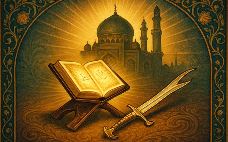 "قرآن مجید اور ذو الفقار کی علامتی تصویر، حضرت علیؓ کی شجاعت اور ایمان کی نمائندگی کرتی ہوئی"