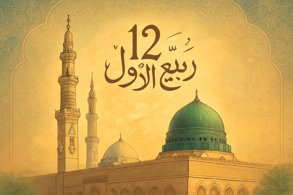 "مدینہ منورہ کی مسجد نبوی کا روح پرور منظر، سبز گنبد روشنیوں میں جگمگا رہا ہے، آسمان پر سنہری نور، اسلامی خطاطی میں ’۱۲ ربیع الاول‘ درج، پر سکون اور پرنور ماحول۔"