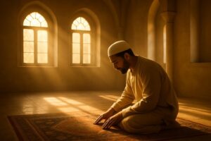 "مسجد میں نماز پڑھتا ہوا مسلمان، دعا اور سجدے کی حالت میں سکون اور روحانی سکون کی تصویر"