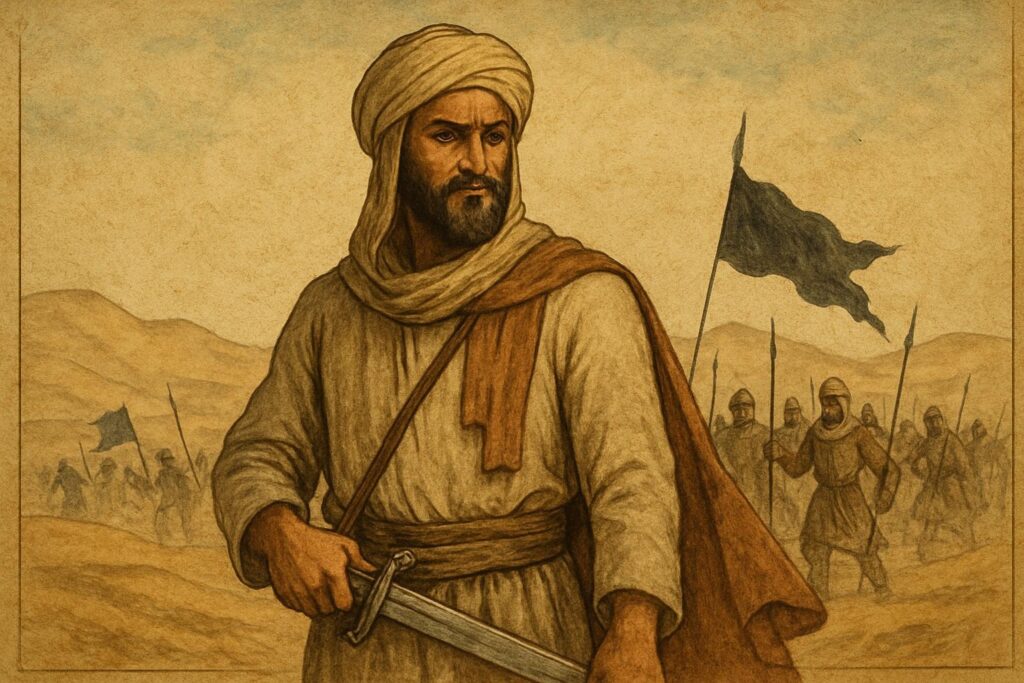 "حضرت ابو حذیفہؓ کا ایک تاریخی اسلامی منظر، جہاں وہ تلوار تھامے ایمان اور شجاعت کی علامت کے طور پر دکھائے گئے ہیں۔"