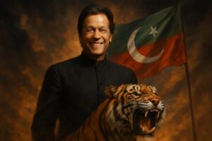 "عمران خان کی مسکراتی ہوئی تصویر، نیچے غصے میں دھاڑتا ہوا شیر اور ساتھ میں پی ٹی آئی کا جھنڈا"