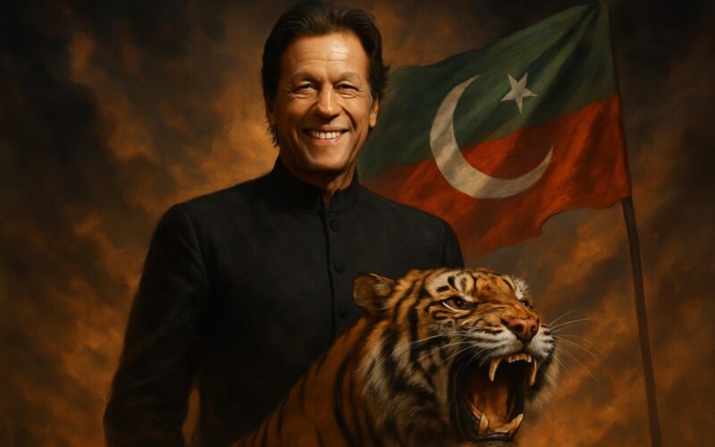 "عمران خان کی مسکراتی ہوئی تصویر، نیچے غصے میں دھاڑتا ہوا شیر اور ساتھ میں پی ٹی آئی کا جھنڈا"