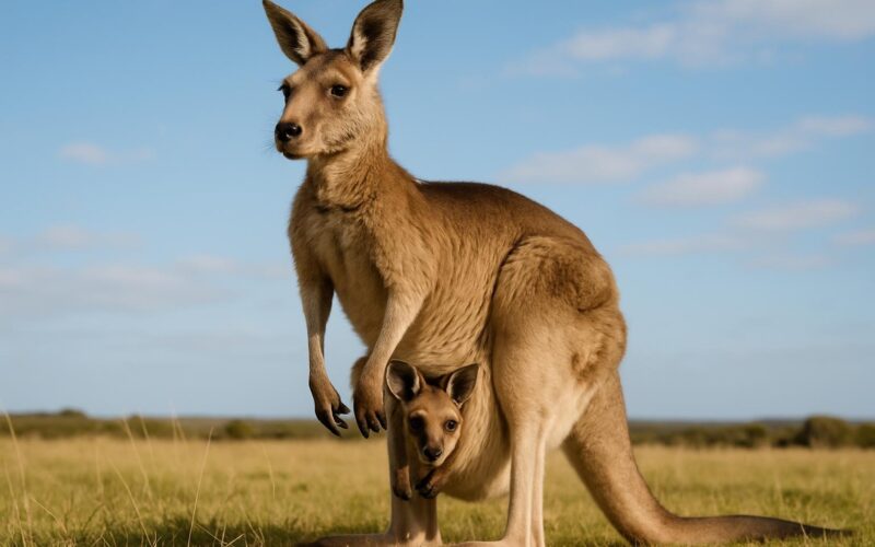 "آسٹریلوی کینگرو کھلے سبز میدان میں کھڑا ہے، اس کے پاؤچ میں ایک چھوٹا جوئی موجود ہے، پس منظر میں نیلا آسمان اور ہلکے بادل ہیں۔"