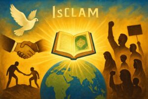 "اسلام کا دین امن، عدل اور انسانیت — قرآن مجید کی روشنی میں انصاف، امن اور مظلوم عوام کی جدوجہد کو ظاہر کرتی ایک علامتی تصویر"