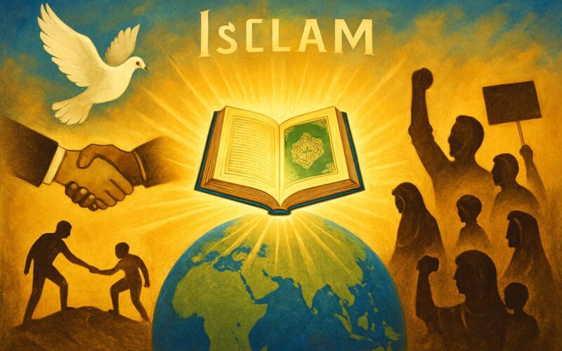 "اسلام کا دین امن، عدل اور انسانیت — قرآن مجید کی روشنی میں انصاف، امن اور مظلوم عوام کی جدوجہد کو ظاہر کرتی ایک علامتی تصویر"